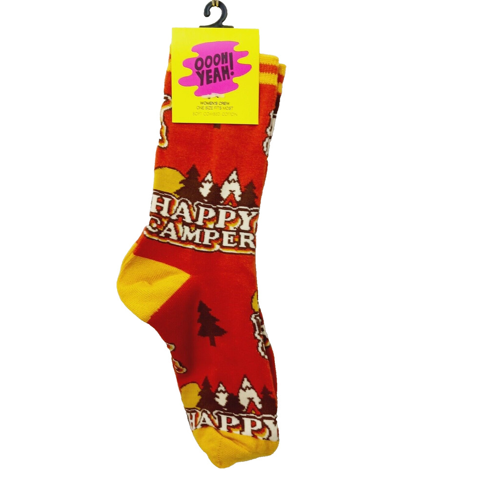 Socks Crew Happy Camper Woods Out Tree Camping Fire Women Boy OOOH YEAH! NWT